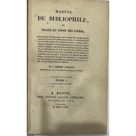 PEIGNOT MANUEL DU BIBLIOPHILE